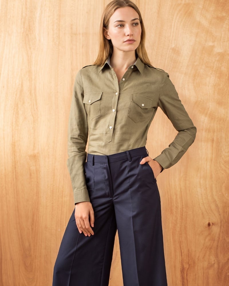 Olive Green Utility Shirt with Navy Wide-Leg Trousers — Olive Green Outfits