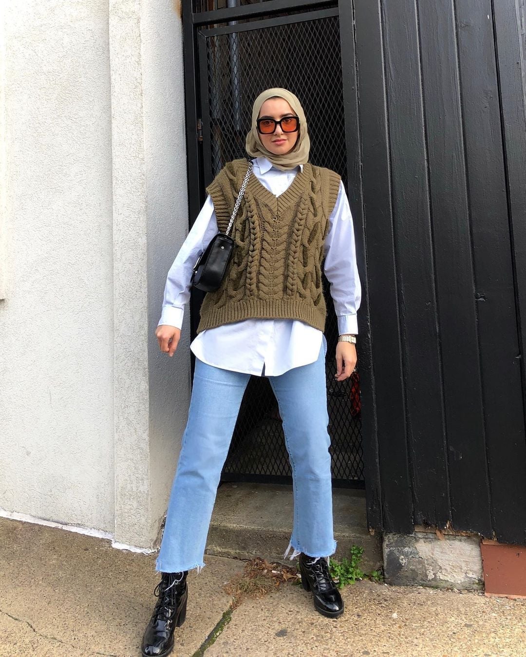 Olive Green Cable Knit Vest Over Collared Shirt and Jeans — Olive Green Outfits