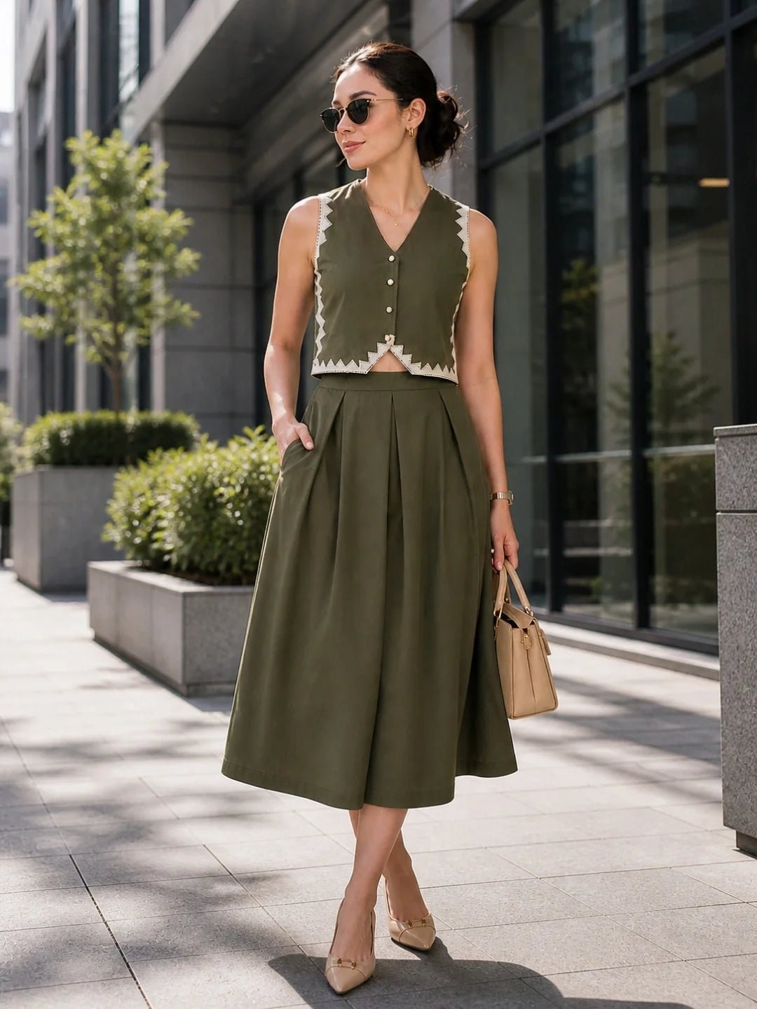 Olive Green Vest and Pleated Skirt Set with White Trim — Olive Green Outfits