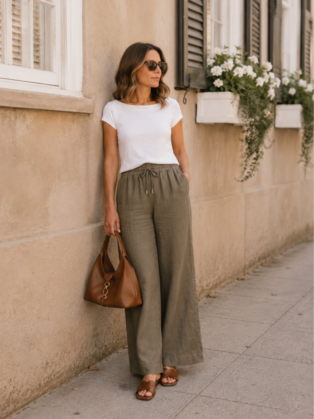 Olive Green Wide-Leg Linen Pants with White T-Shirt — Olive Green Outfits