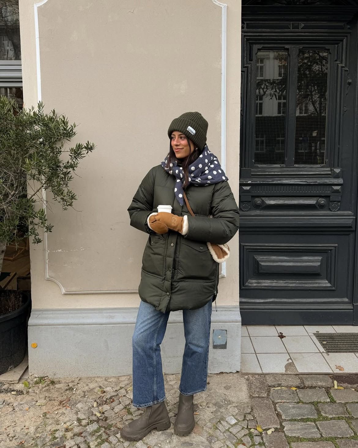 Olive Green Puffer Jacket With Straight Leg Denim