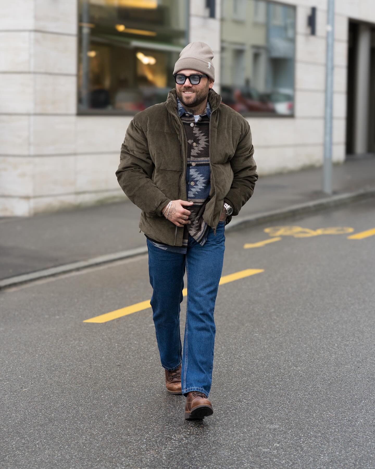 Olive Puffer Jacket With Aztec Print Shirt