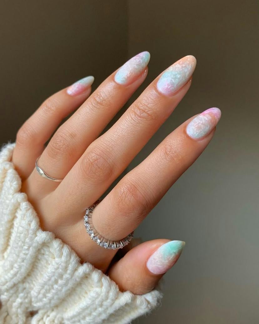 Pastel Pink Blue Peach Shimmer Ombré Medium Almond Nails Pastel Pink Blue Peach Shimmer Ombré Medium Almond Nails — Ombré Nails