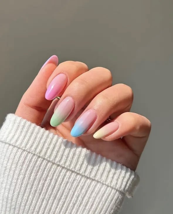 Pastel Pink Green Blue Yellow Ombré Medium Almond Nails, Glossy Pastel Pink Green Blue Yellow Ombré Medium Almond Nails, Glossy — Ombré Nails