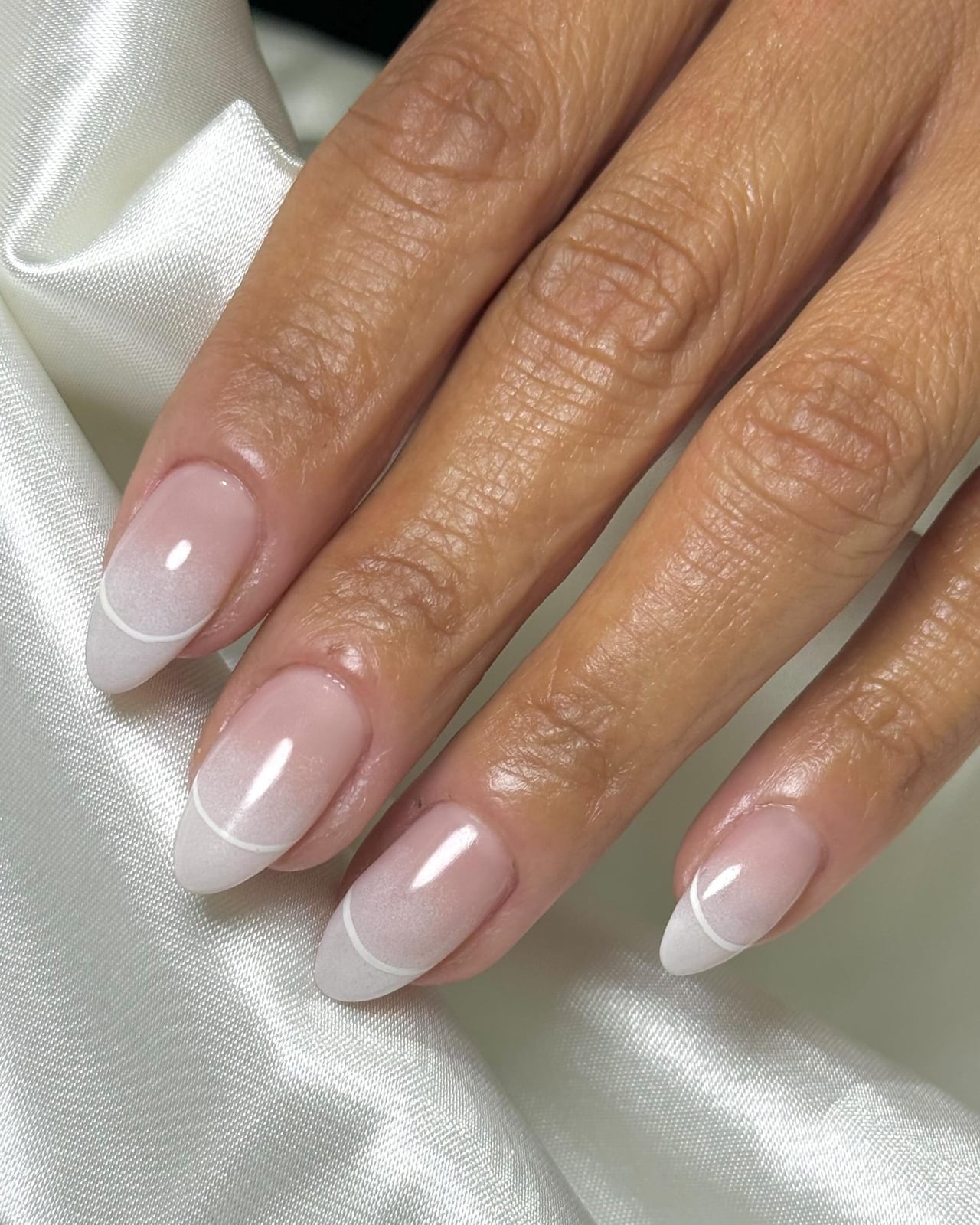 Fine White Shimmer Ombré French Line Medium Almond Nails Fine White Shimmer Ombré French Line Medium Almond Nails — Ombré Nails