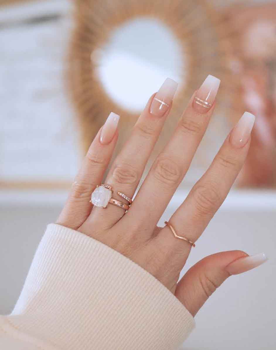 French Ombré with Gold Lines Long Square Nails French Ombré with Gold Lines Long Square Nails — Ombré Nails