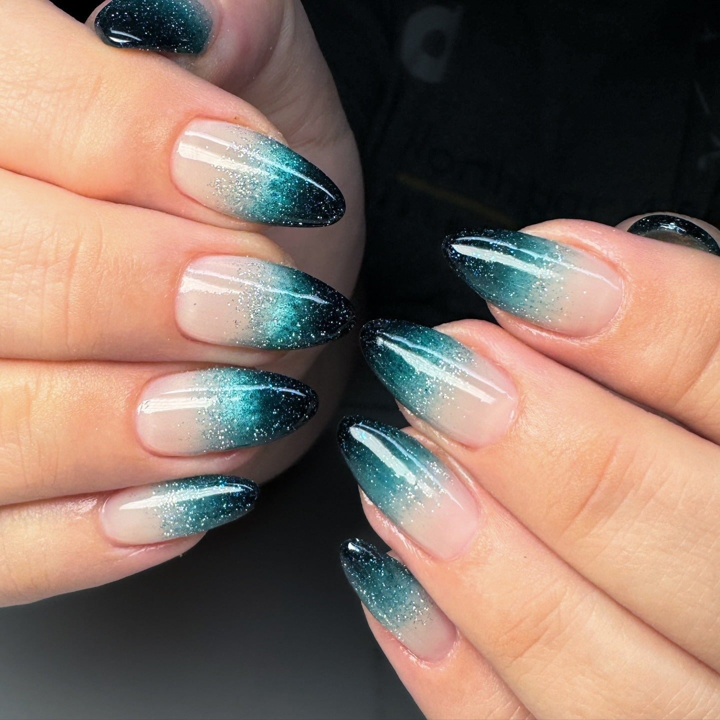 Teal Black Glitter Ombré Medium Almond Nails Teal Black Glitter Ombré Medium Almond Nails — Ombré Nails