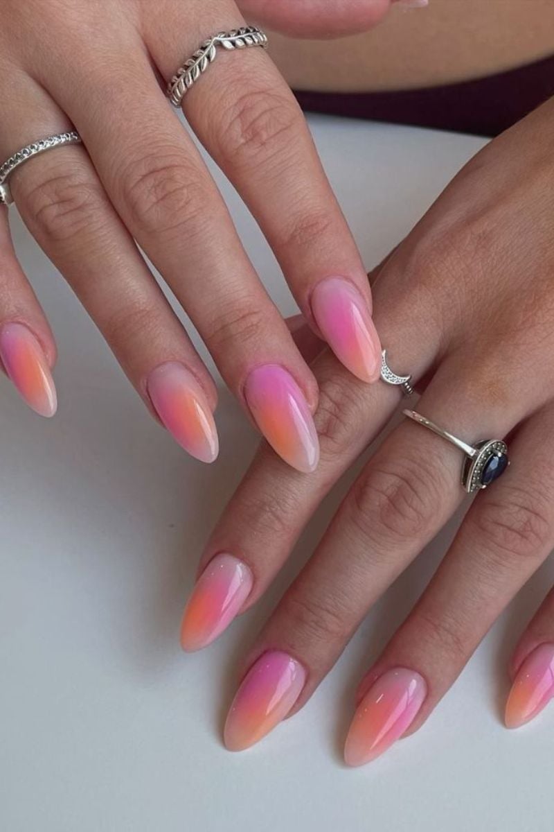 Bright Pink to Yellow Ombré Medium Almond Nails Bright Pink to Yellow Ombré Medium Almond Nails — Ombré Nails
