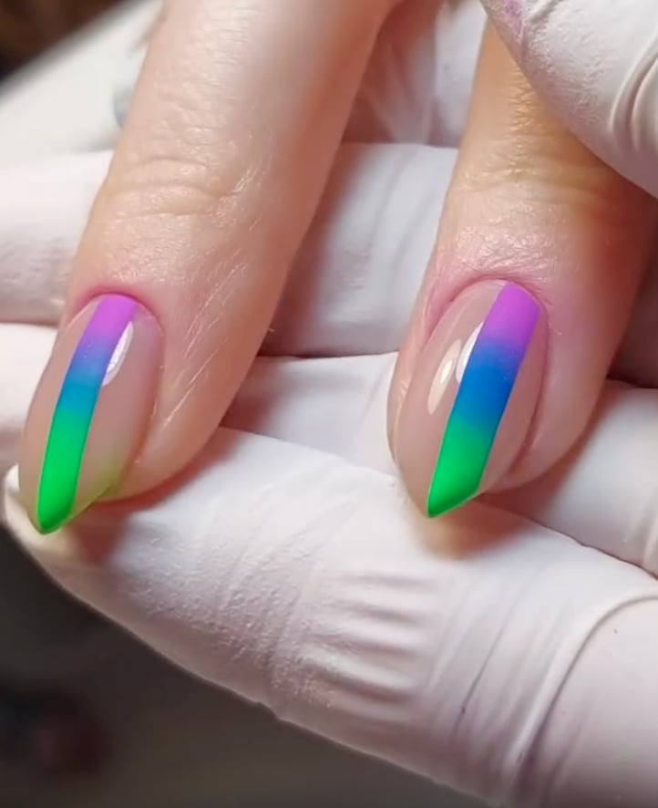 Diagonal Pink Purple Blue Green Ombré Short Almond Nails Diagonal Pink Purple Blue Green Ombré Short Almond Nails — Ombré Nails