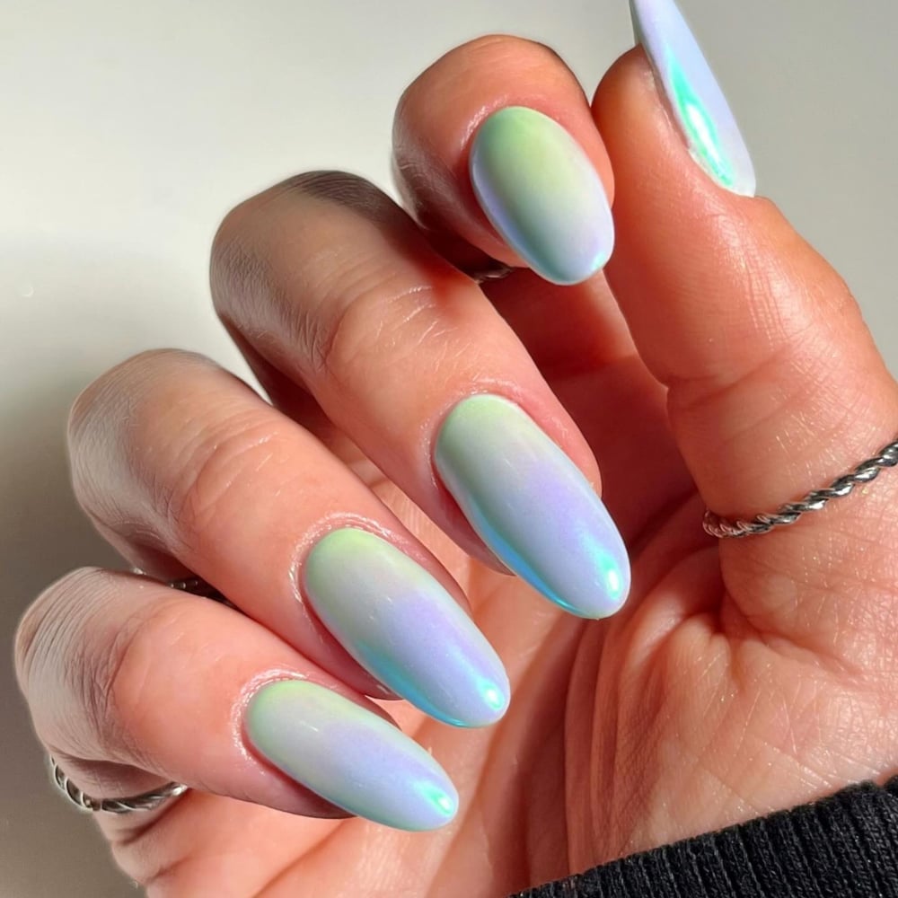 Pastel Green Blue Purple Shimmer Ombré Oval Nails Pastel Green Blue Purple Shimmer Ombré Oval Nails — Ombré Nails