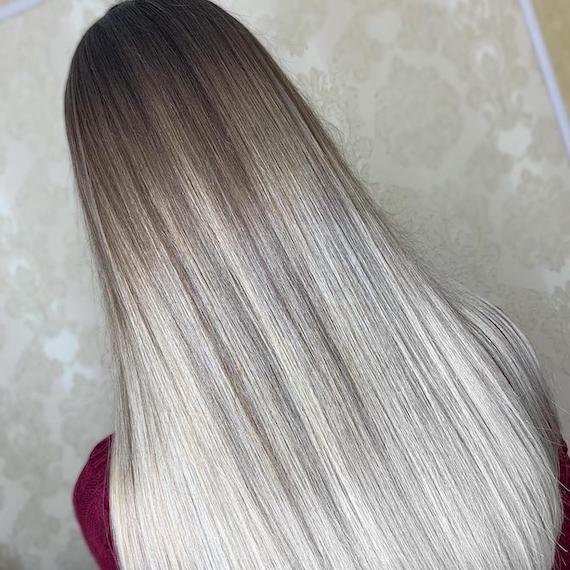 Mid-Back Dark Brown To Ash Blonde Ombre With Straight Blowout Mid-Back Dark Brown To Ash Blonde Ombre With Straight Blowout — Ombre Hair
