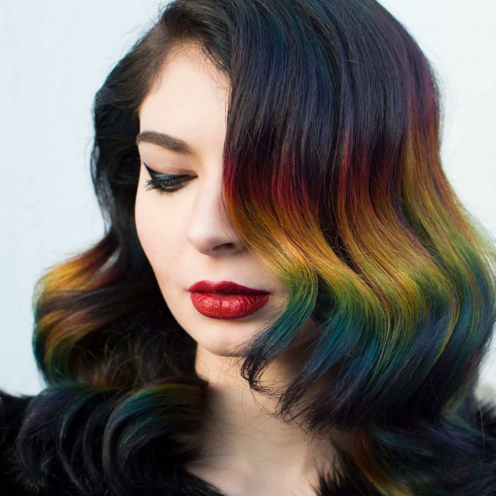 Mid-Back Rainbow Ombre With Curtain Bangs Mid-Back Rainbow Ombre With Curtain Bangs — Ombre Hair