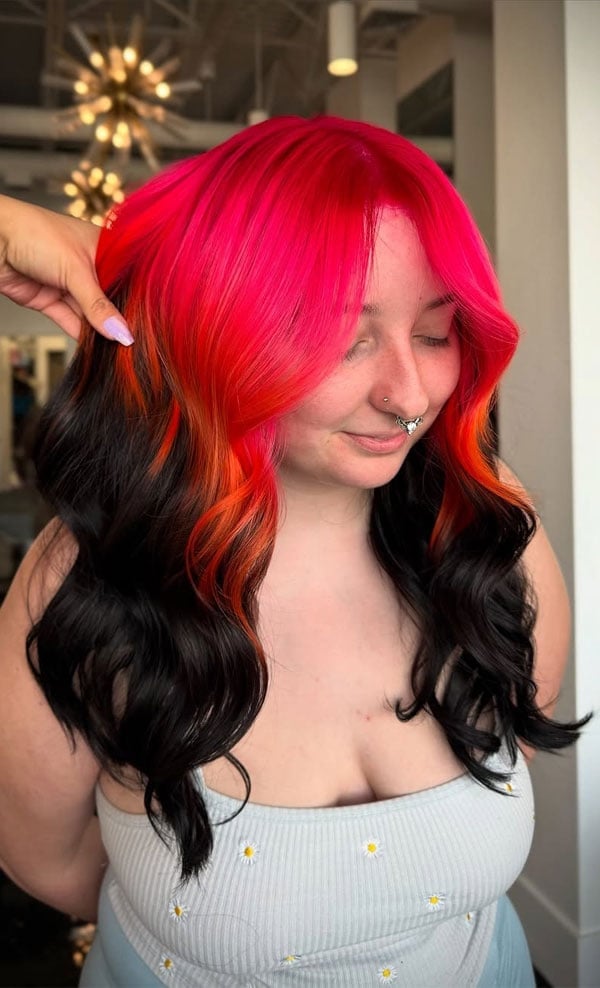 Mid-Back Black Base With Pink And Orange Ombre Mid-Back Black Base With Pink And Orange Ombre — Ombre Hair