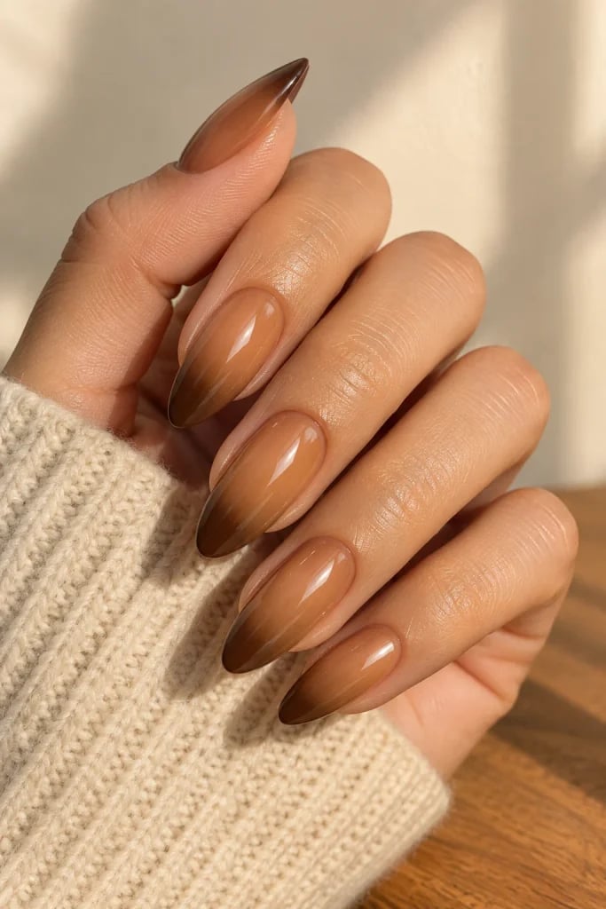 Long Oval Brown to Nude Ombre Nails