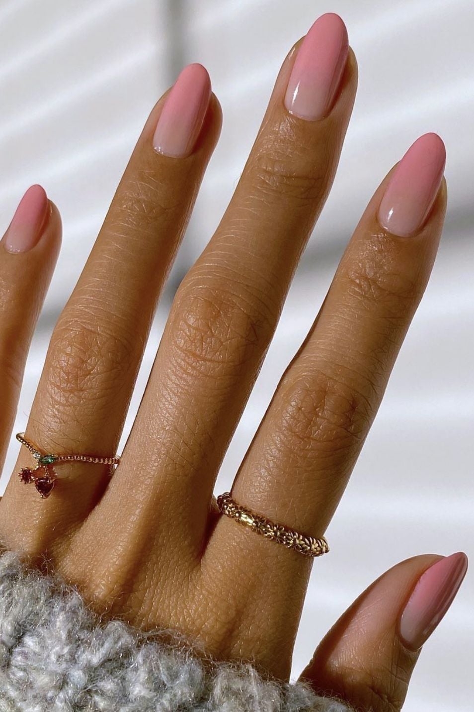 Short Almond Glossy Pink to Sheer Nude Ombre, Close-Up Take — Ombre Nails