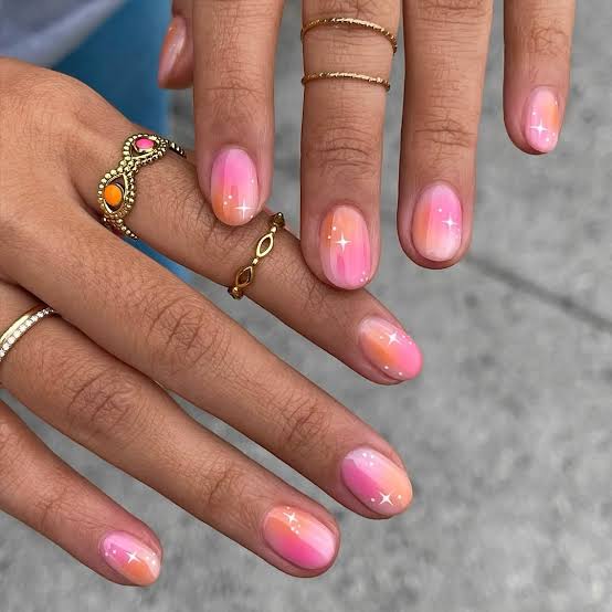 Short Oval Pink Orange Ombre with Star Accents — Ombre Nails