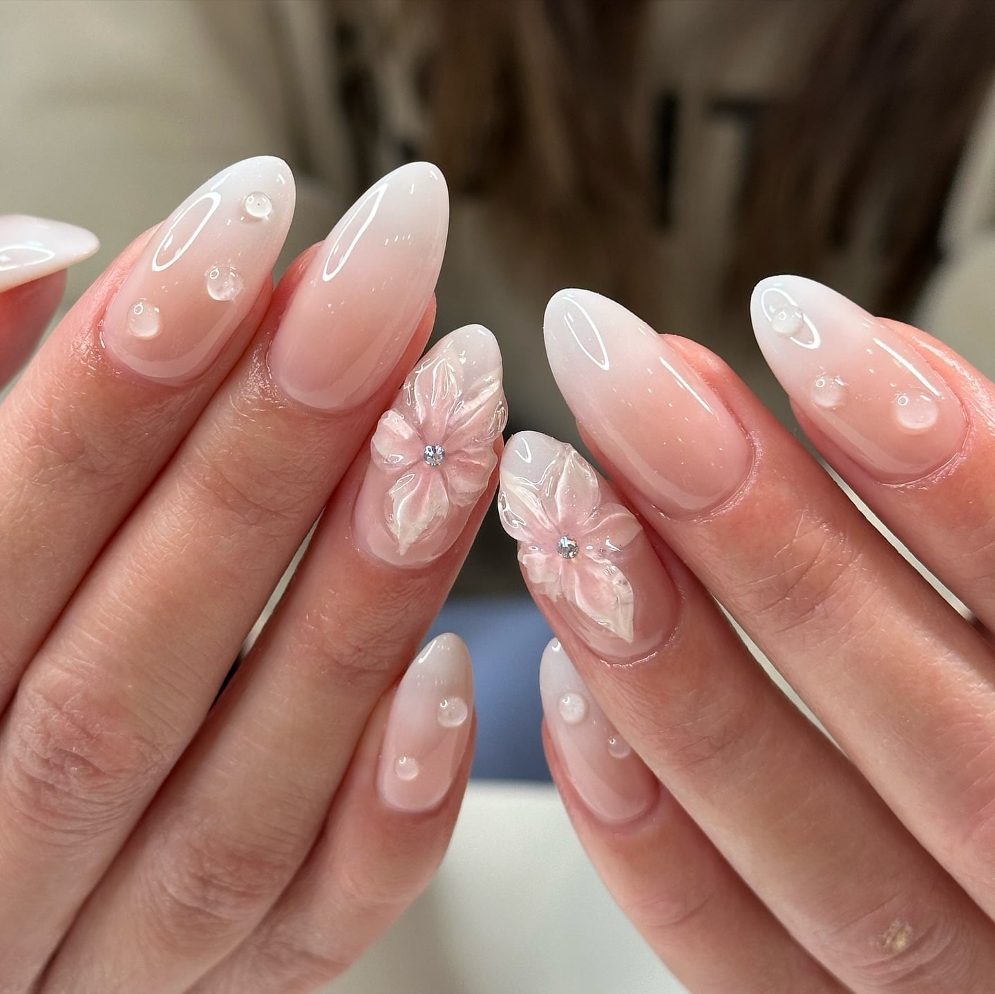 Short Almond Clear to White Ombre with 3D Flowers — Ombre Nails