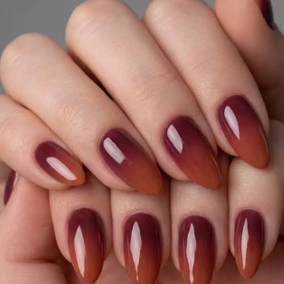 Medium Almond Deep Red to Warm Brown Glossy Ombre — Ombre Nails