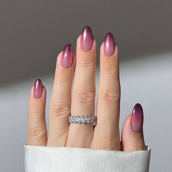 Medium Almond Burgundy to Pink Shimmer Ombre — Ombre Nails
