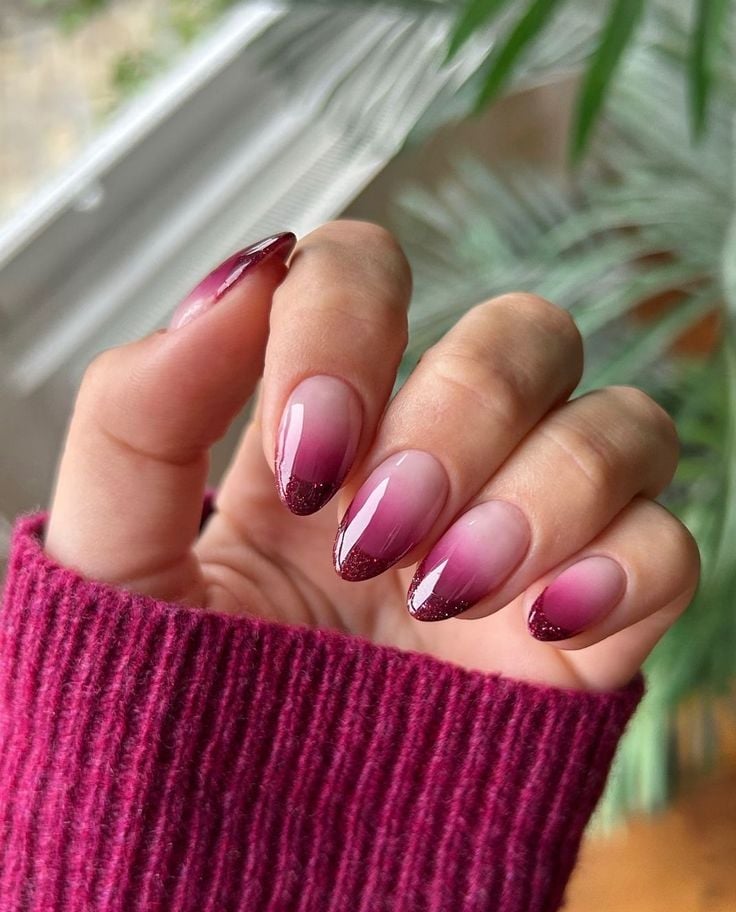 Medium Almond Nude to Deep Pink Glitter Ombre — Ombre Nails