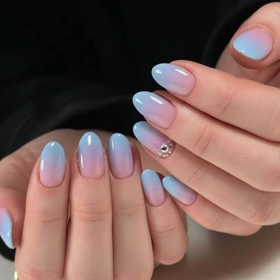 Medium Oval Pastel Pink to Pastel Blue Glossy Ombre — Ombre Nails