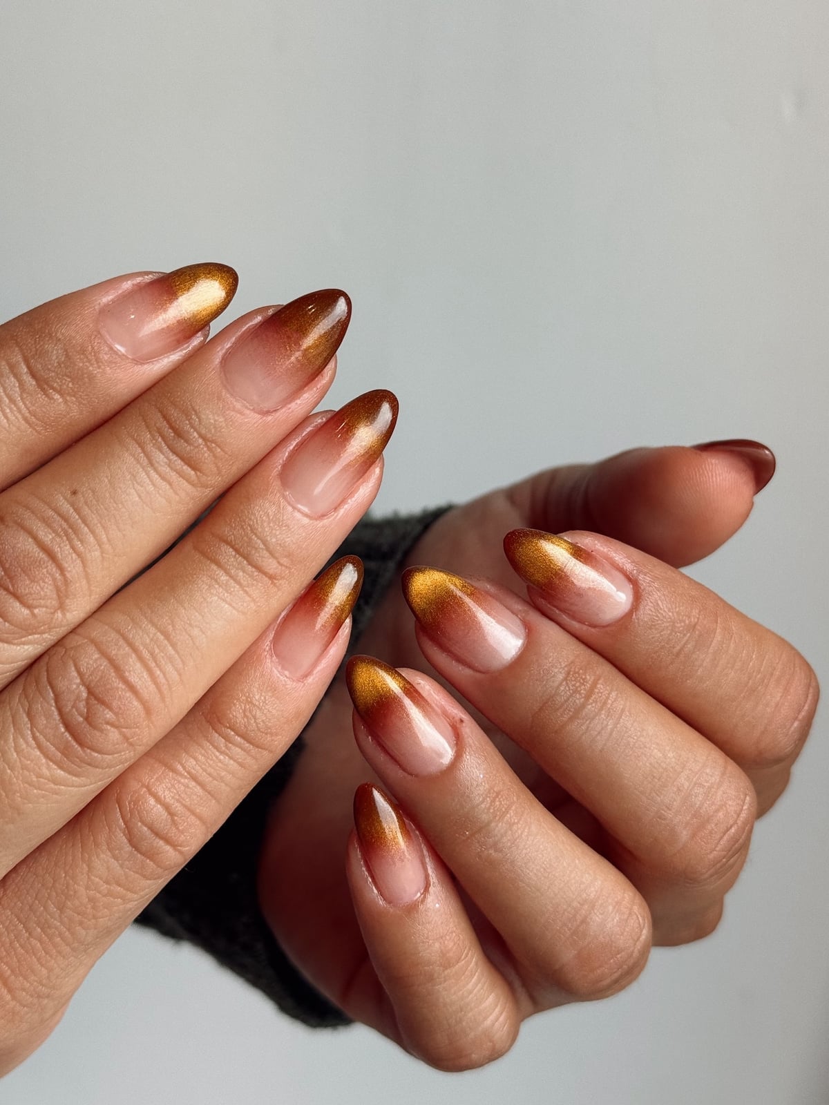 Medium Almond Nude to Gold Brown Metallic Ombre — Ombre Nails
