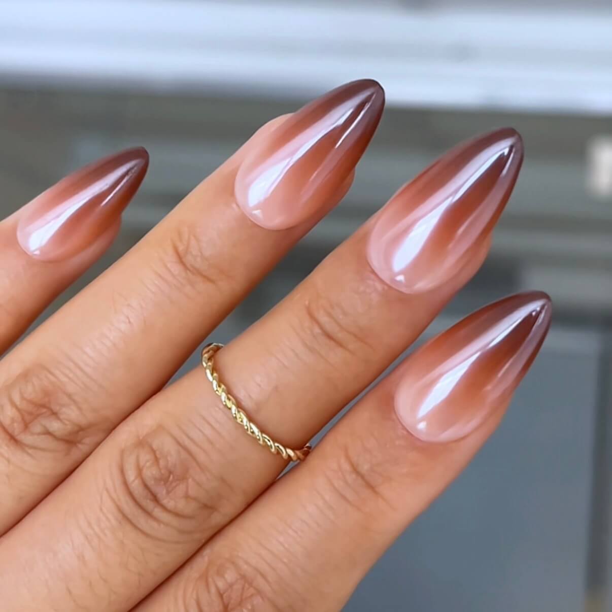 Long Stiletto Nude to Deep Brown Chrome Ombre — Ombre Nails