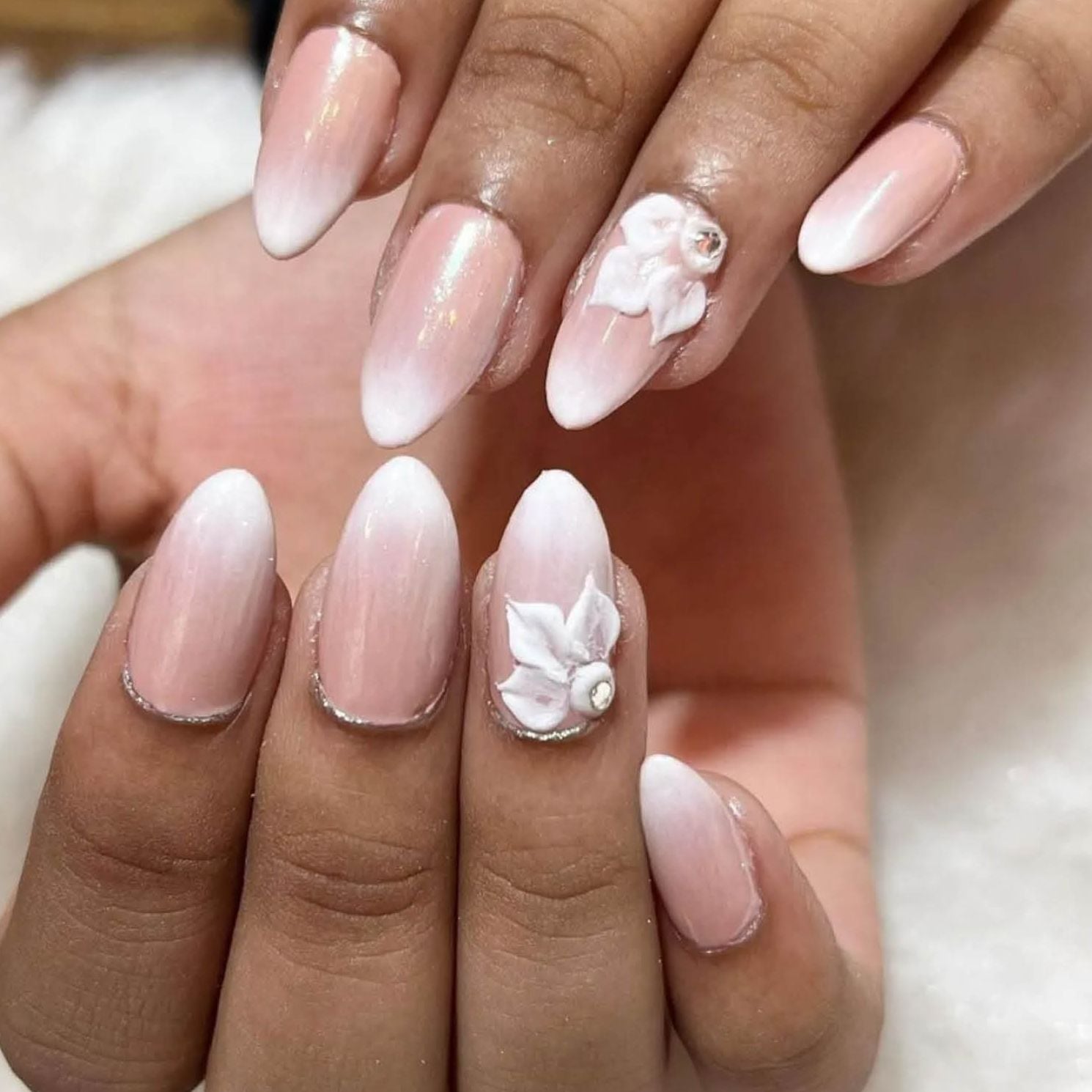 Medium Oval Nude to White French Ombre with 3D Flower — Ombre Nails