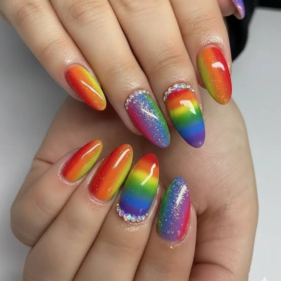 Medium Oval Rainbow Glitter Ombre with Rhinestones — Ombre Nails