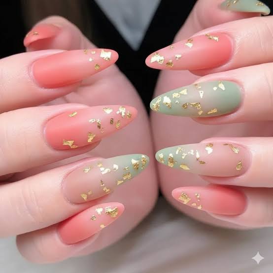Medium Stiletto Peach Sage Green Matte Ombre with Gold Foil — Ombre Nails