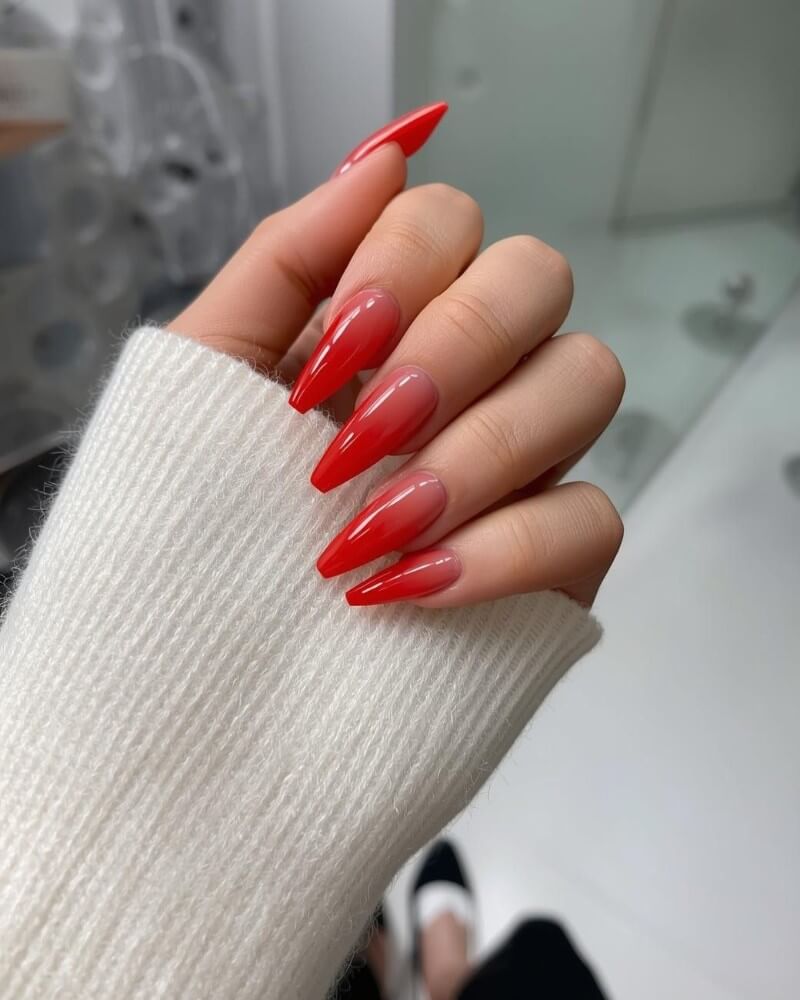 Long Coffin Bright Red Sheer Red Ombre — Ombre Nails