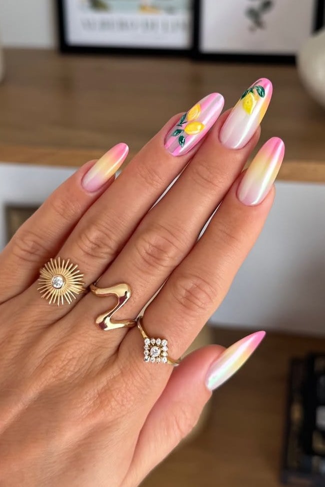 Long Almond Pearlescent Pink Yellow Clear Ombre with Lemons — Ombre Nails