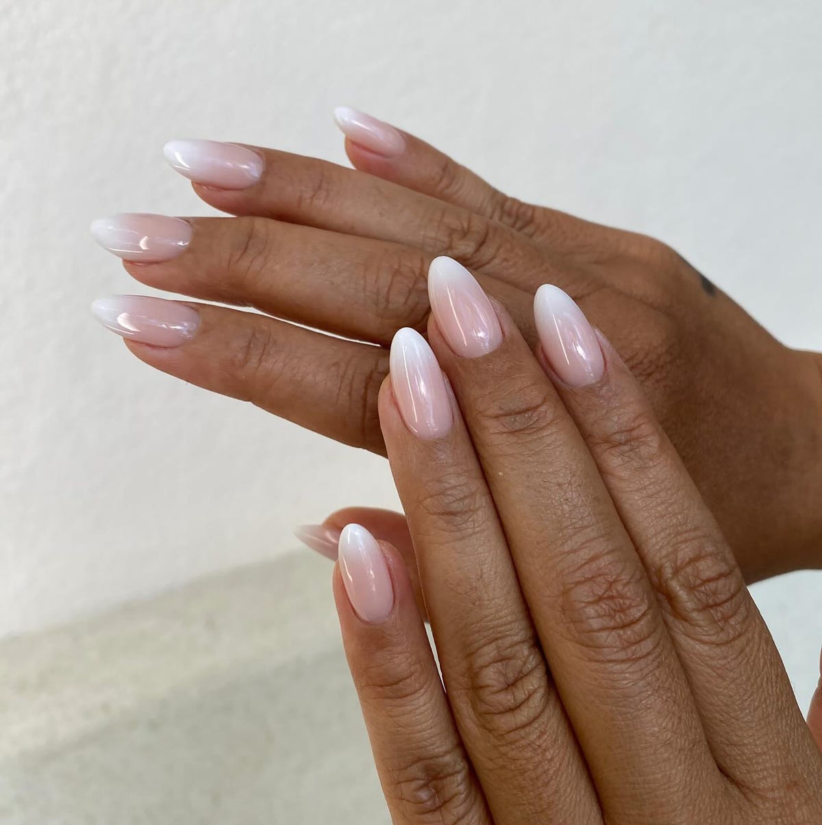 Medium Almond Glossy Nude to White French Fade — Ombre Nails
