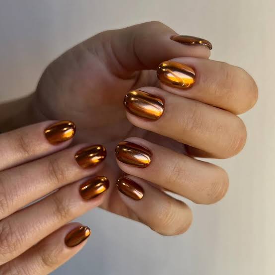Short Oval Bronze Orange Chrome Nails Short Oval Bronze Orange Chrome Nails — One Color Nails