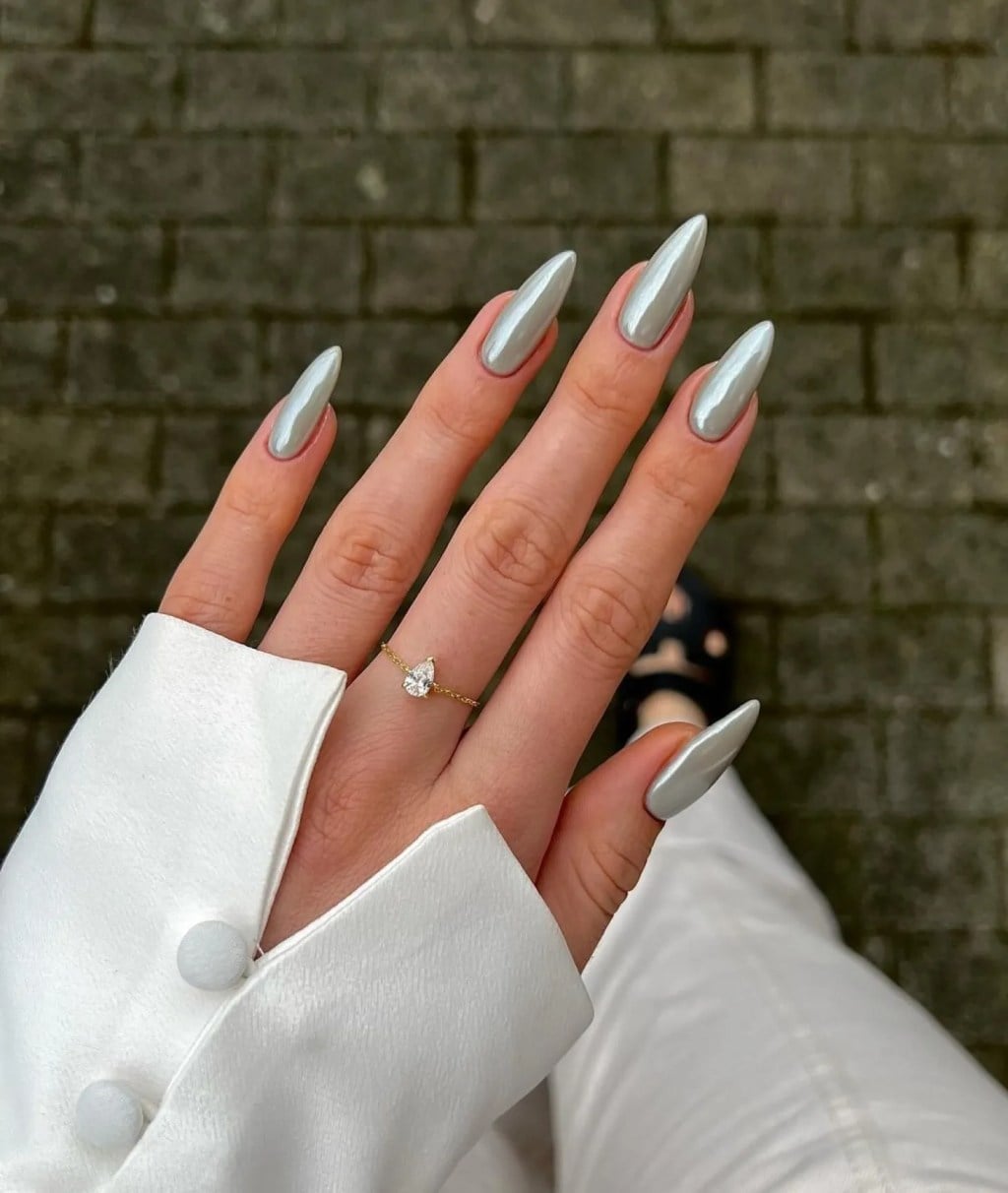 Long Almond Silver Chrome Nails Long Almond Silver Chrome Nails — One Color Nails