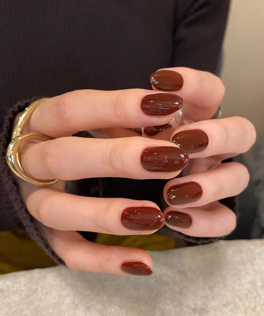 Short Oval Deep Brown Nails, Glossy Short Oval Deep Brown Nails, Glossy — One Color Nails