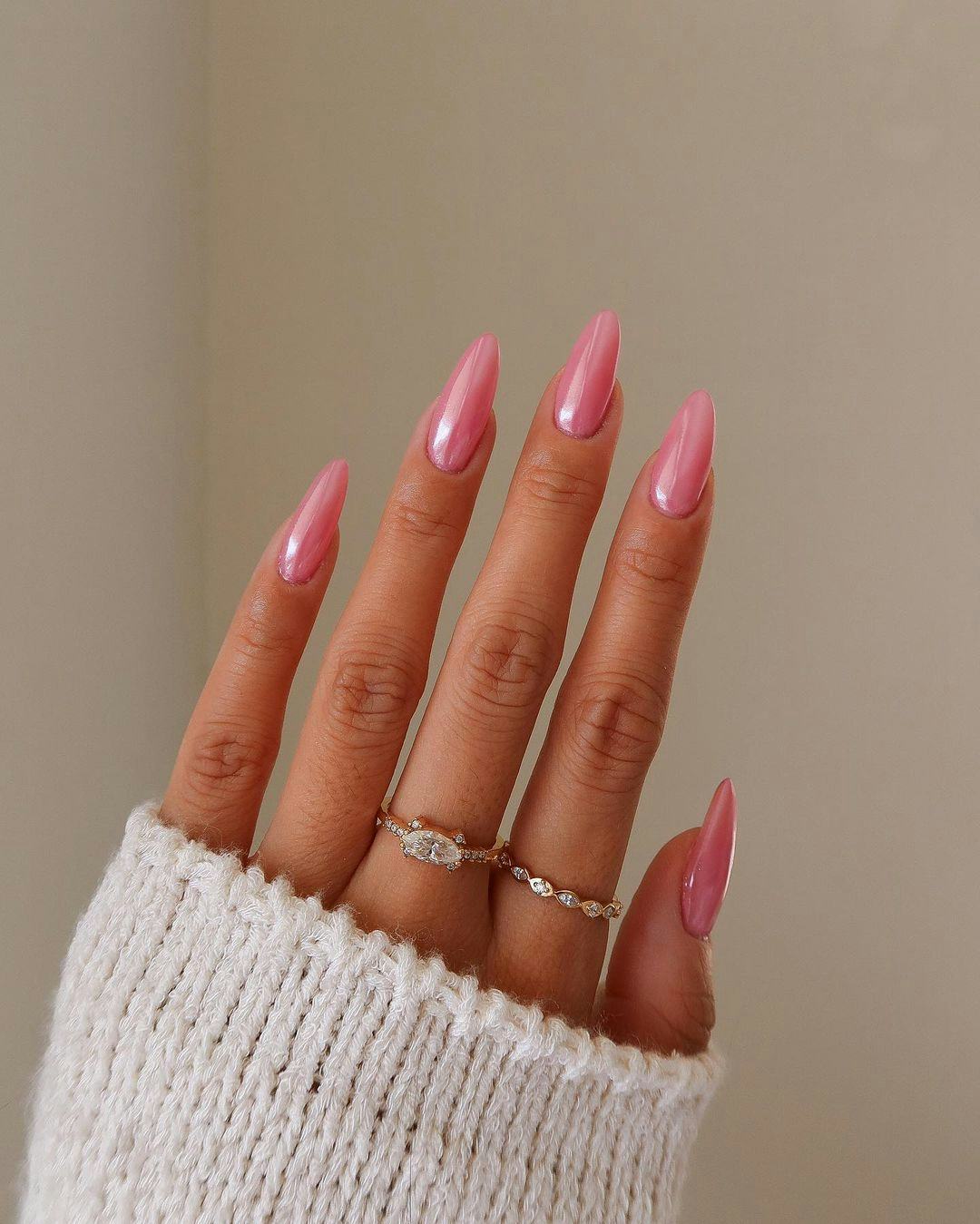 Long Stiletto Shimmery Pink Nails Long Stiletto Shimmery Pink Nails — One Color Nails