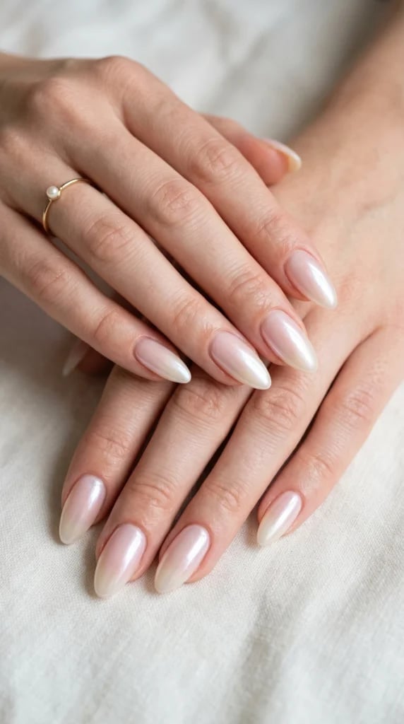 Long Almond Sheer Pearlescent Pink Nails Long Almond Sheer Pearlescent Pink Nails — One Color Nails