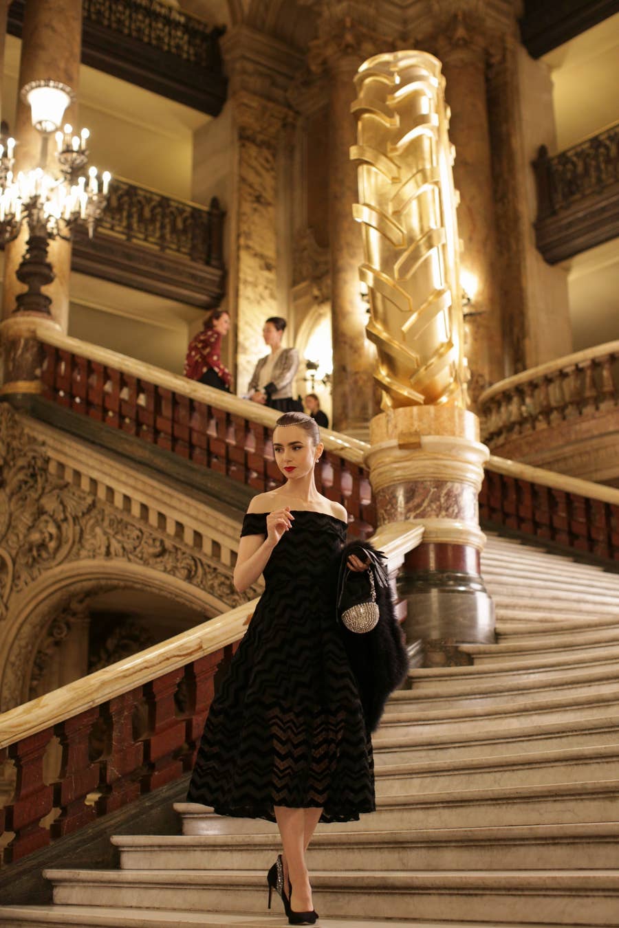 Black Lace Off-the-Shoulder Dress with Faux Fur Stole — Opera Outfits
