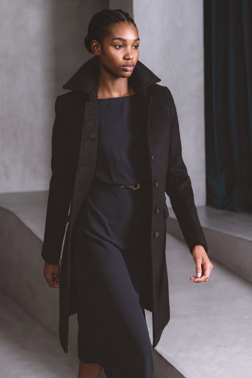 Monochromatic Navy and Black Coat Over Crepe Dress — Opera Outfits