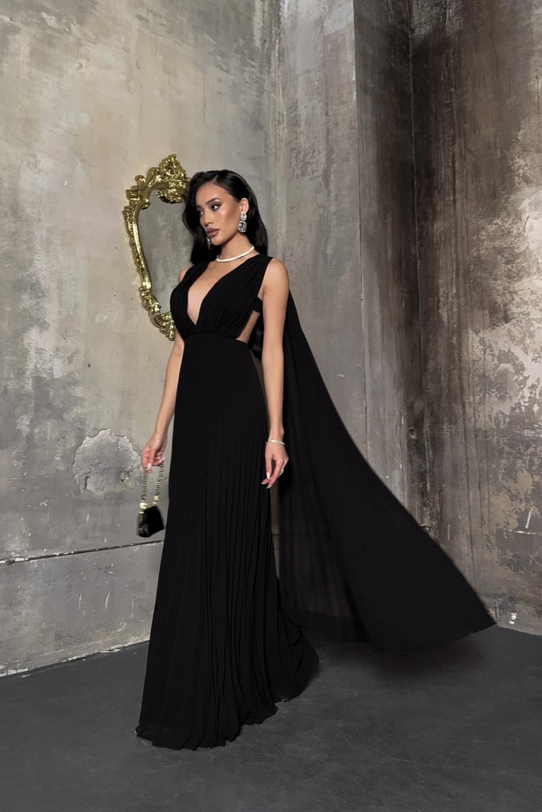 Black Off-the-Shoulder Satin Dress with Opera Gloves — Opera Outfits
