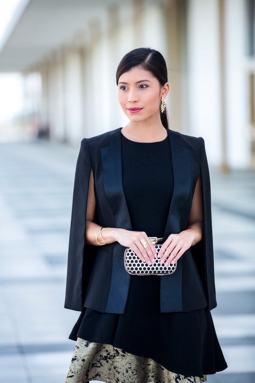 Black Cape Blazer Over Dress with Patterned Skirt — Opera Outfits