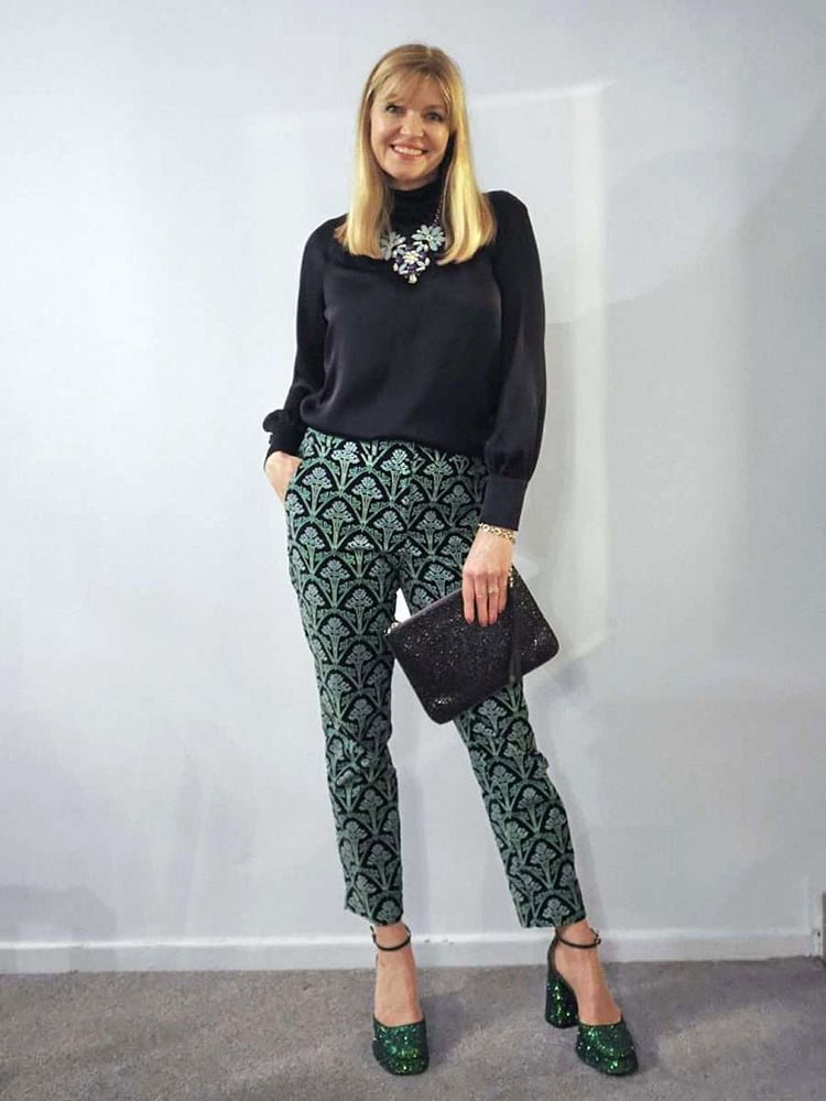 Black Turtleneck with Patterned Velvet Trousers — Opera Outfits