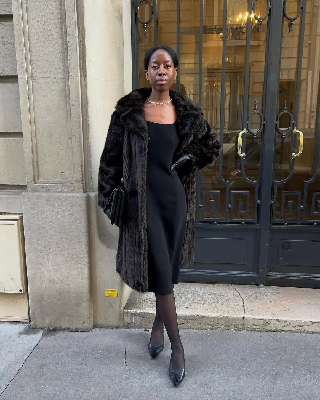 Black Midi Dress with Faux Fur Coat and Opera Gloves — Opera Outfits