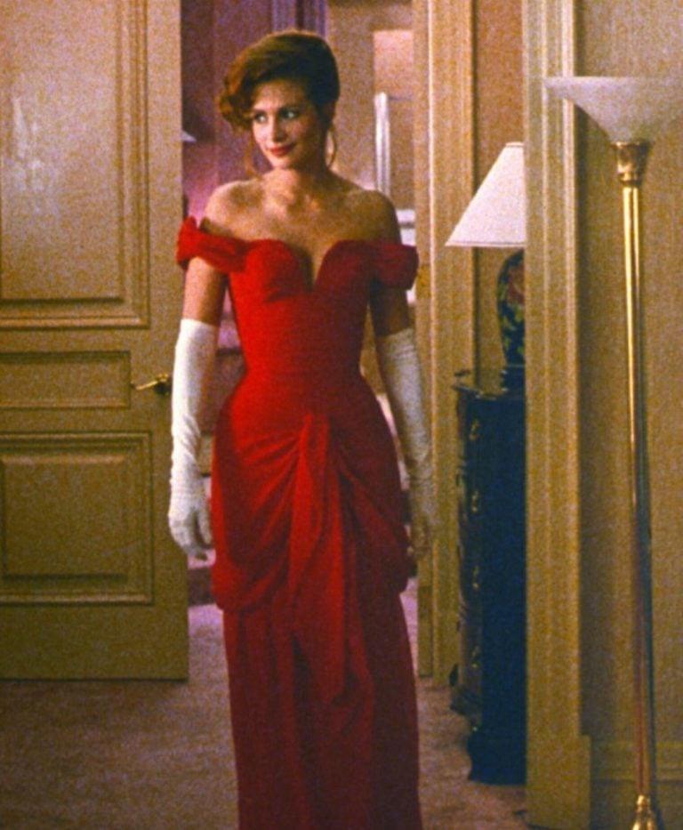 Red Off-the-Shoulder Evening Gown with White Opera Gloves — Opera Outfits