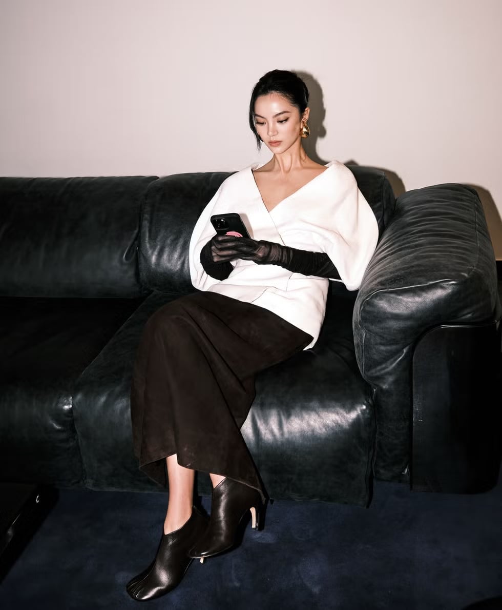 White Blouse and Brown Trousers with Black Opera Gloves — Opera Outfits