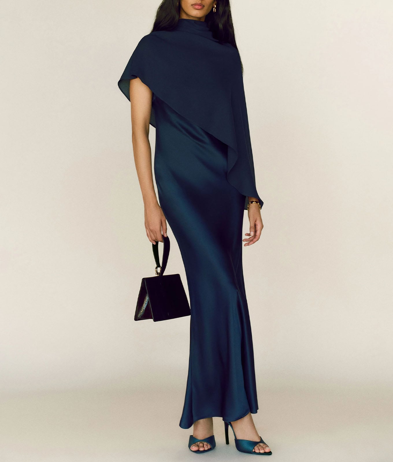 Deep Teal Satin Gown with Asymmetrical Draped Neckline — Opera Outfits