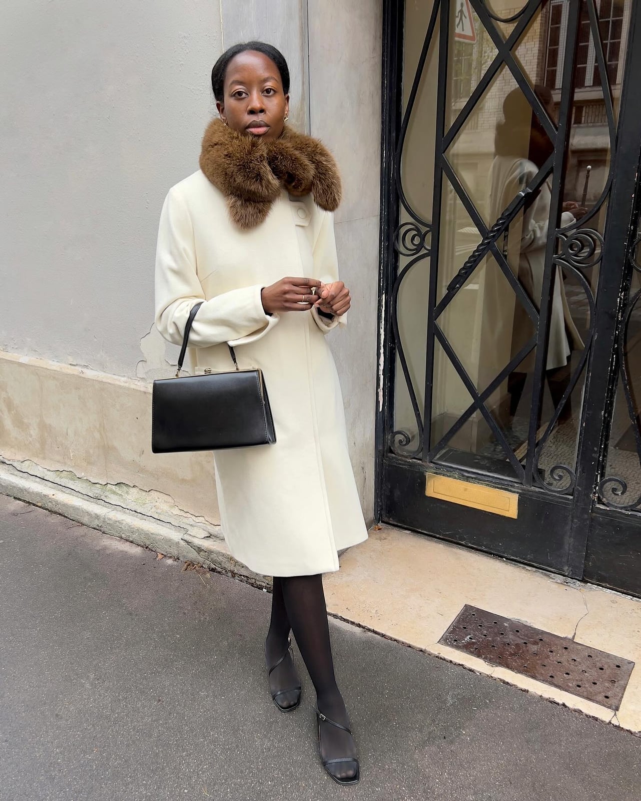 Cream A-Line Coat with Faux Fur Collar — Opera Outfits