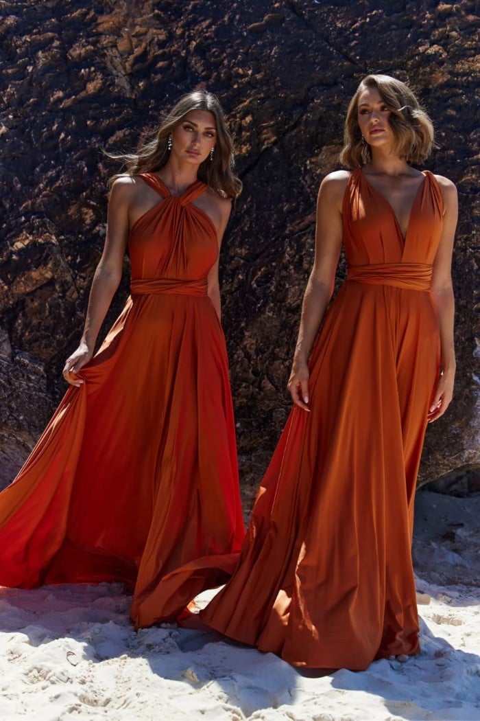 Burnt Orange Satin A-line Maxi Dress — Orange Dress