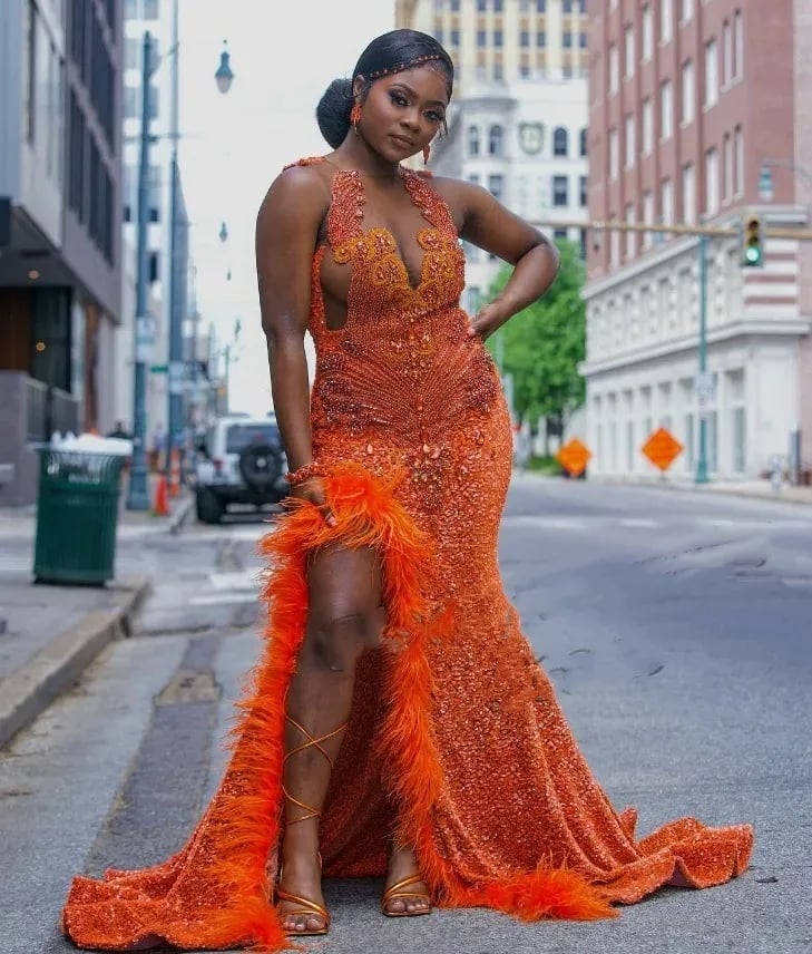 Orange Sequined Maxi Dress with Feather Trim — Orange Dress